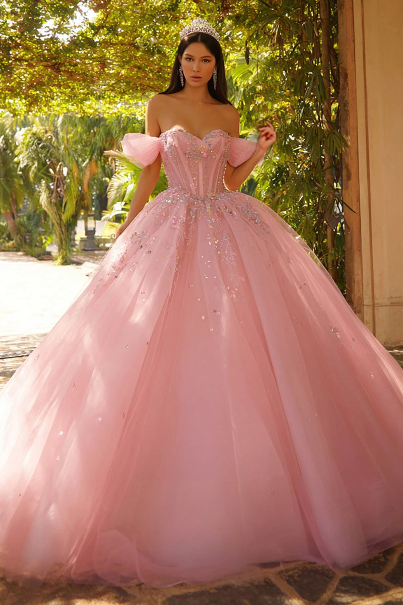 Laden Sie das Bild in den Galerie-Viewer, Glitzerndes Rosa Schulterfreies Korsett Ballkleid Quinceanera Kleid