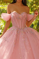 Laden Sie das Bild in den Galerie-Viewer, Glitzerndes Rosa Schulterfreies Korsett Ballkleid Quinceanera Kleid