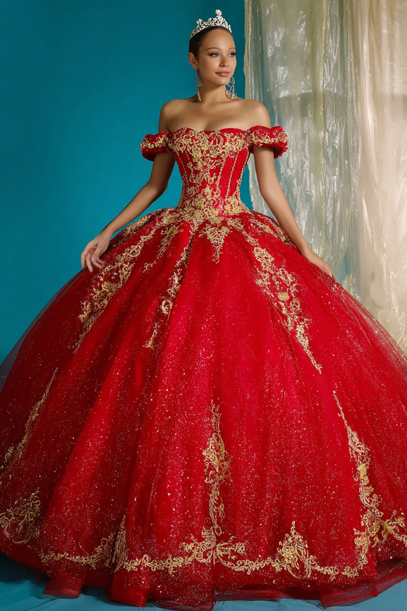Laden Sie das Bild in den Galerie-Viewer, Rotes Schulterfreies Ballkleid mit Applikationen in Quinceanera