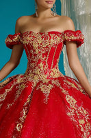 Laden Sie das Bild in den Galerie-Viewer, Rotes Schulterfreies Ballkleid mit Applikationen in Quinceanera