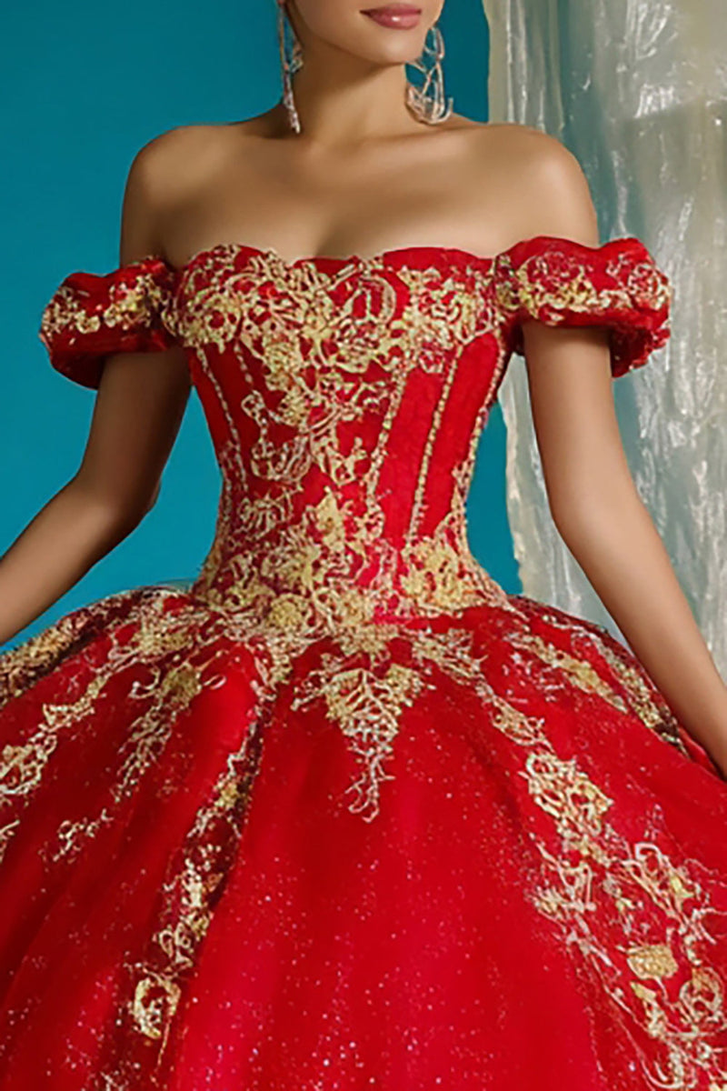 Laden Sie das Bild in den Galerie-Viewer, Rotes Schulterfreies Ballkleid mit Applikationen in Quinceanera