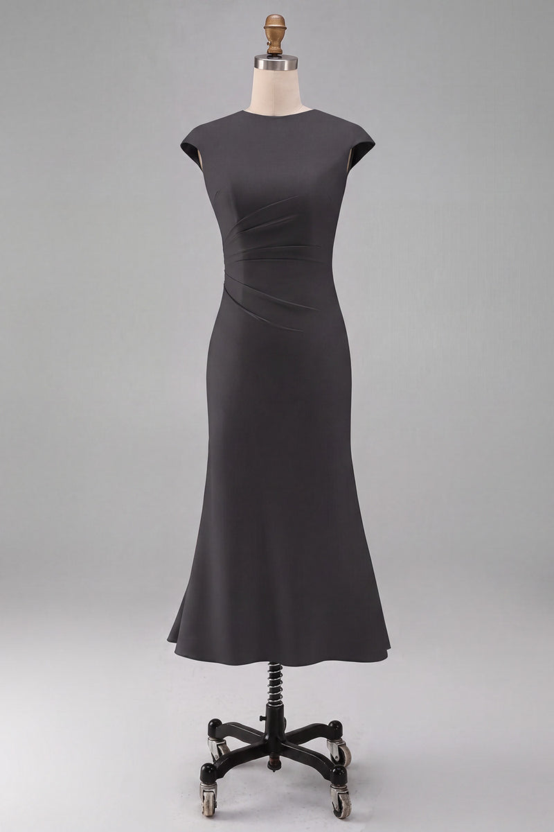 Laden Sie das Bild in den Galerie-Viewer, Weißes Meerjungfrauen-Rundhals-Midi-Prom-Kleid mit Mützenärmeln
