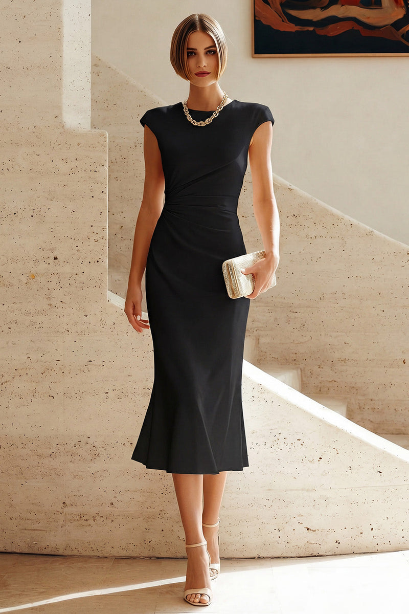 Laden Sie das Bild in den Galerie-Viewer, Weißes Meerjungfrauen-Rundhals-Midi-Prom-Kleid mit Mützenärmeln