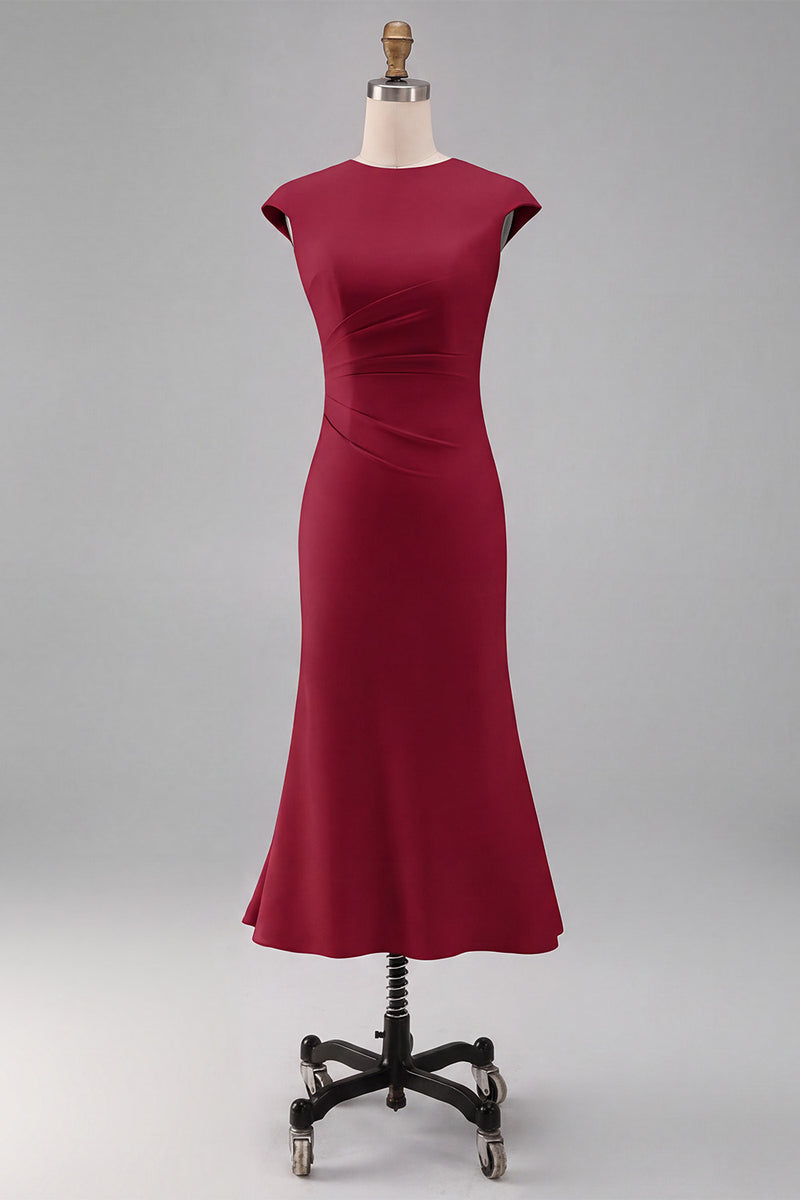 Laden Sie das Bild in den Galerie-Viewer, Weißes Meerjungfrauen-Rundhals-Midi-Prom-Kleid mit Mützenärmeln