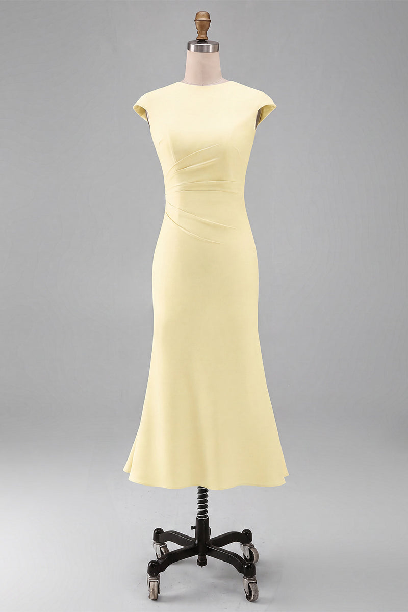 Laden Sie das Bild in den Galerie-Viewer, Weißes Meerjungfrauen-Rundhals-Midi-Prom-Kleid mit Mützenärmeln