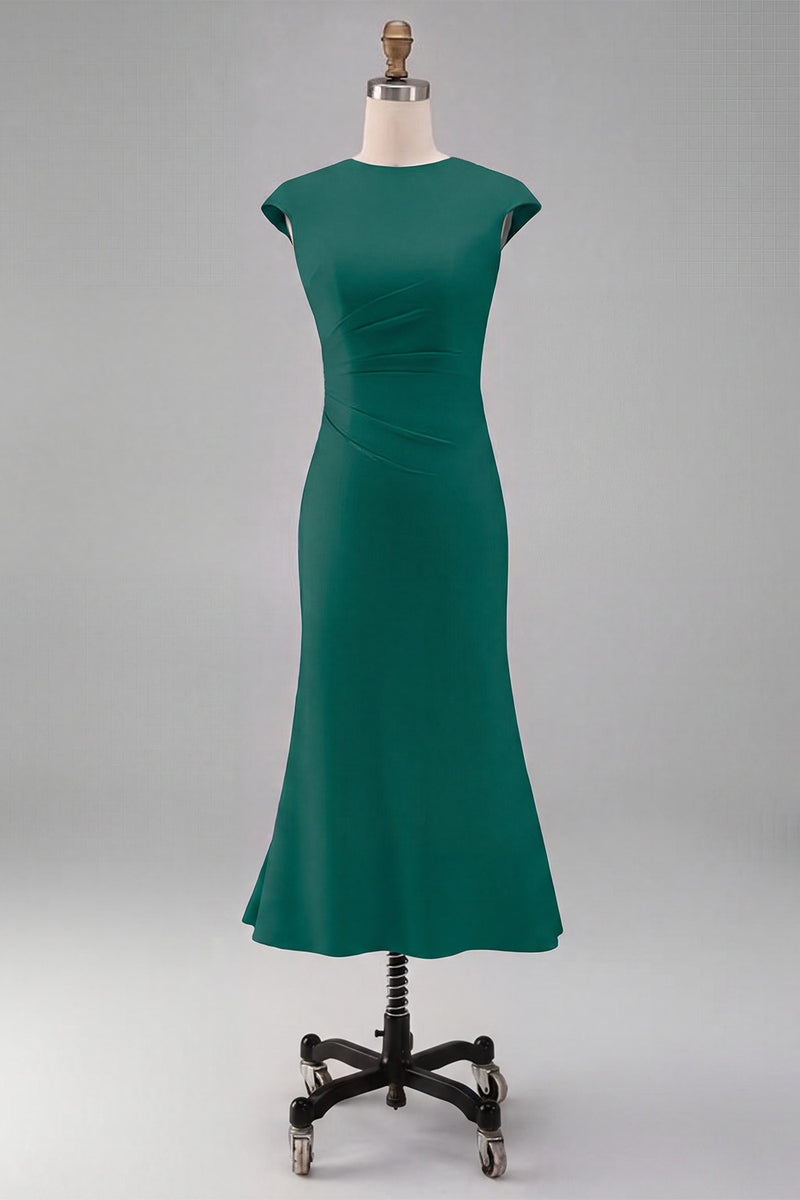 Laden Sie das Bild in den Galerie-Viewer, Weißes Meerjungfrauen-Rundhals-Midi-Prom-Kleid mit Mützenärmeln