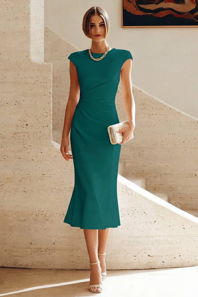 Laden Sie das Bild in den Galerie-Viewer, Weißes Meerjungfrauen-Rundhals-Midi-Prom-Kleid mit Mützenärmeln