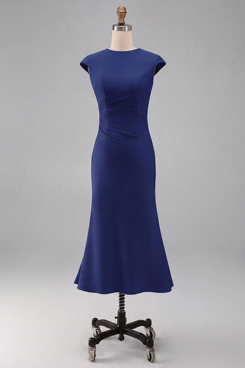 Laden Sie das Bild in den Galerie-Viewer, Weißes Meerjungfrauen-Rundhals-Midi-Prom-Kleid mit Mützenärmeln