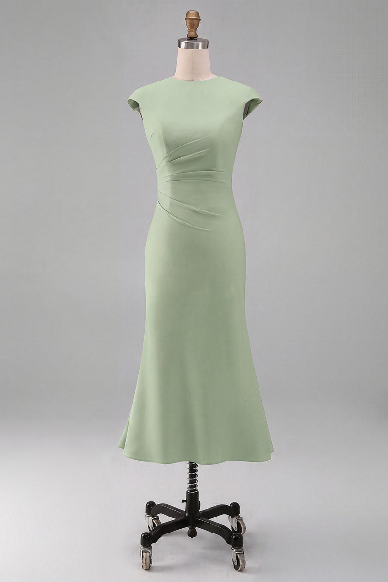 Laden Sie das Bild in den Galerie-Viewer, Weißes Meerjungfrauen-Rundhals-Midi-Prom-Kleid mit Mützenärmeln