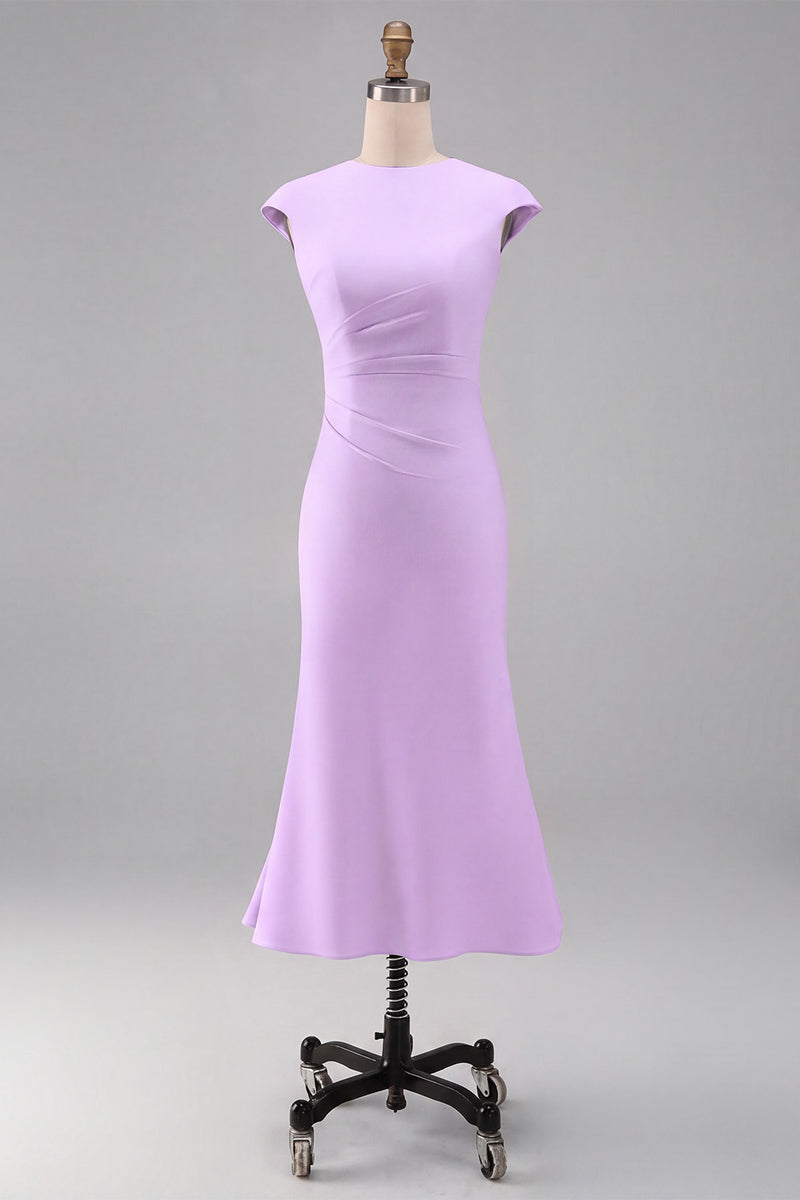 Laden Sie das Bild in den Galerie-Viewer, Weißes Meerjungfrauen-Rundhals-Midi-Prom-Kleid mit Mützenärmeln