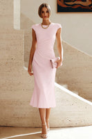 Laden Sie das Bild in den Galerie-Viewer, Weißes Meerjungfrauen-Rundhals-Midi-Prom-Kleid mit Mützenärmeln
