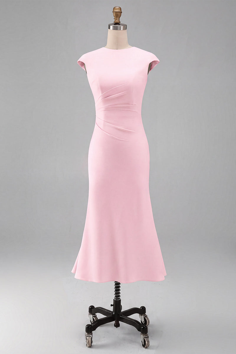 Laden Sie das Bild in den Galerie-Viewer, Weißes Meerjungfrauen-Rundhals-Midi-Prom-Kleid mit Mützenärmeln