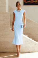Laden Sie das Bild in den Galerie-Viewer, Weißes Meerjungfrauen-Rundhals-Midi-Prom-Kleid mit Mützenärmeln