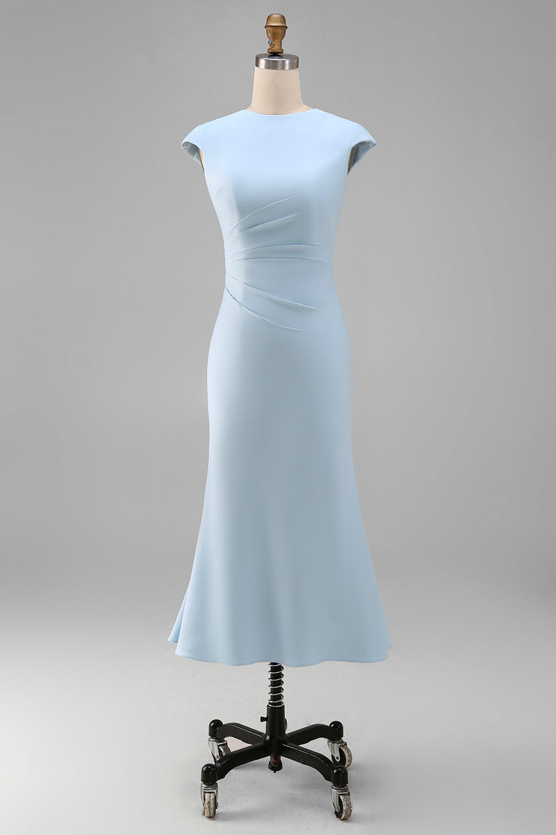 Laden Sie das Bild in den Galerie-Viewer, Weißes Meerjungfrauen-Rundhals-Midi-Prom-Kleid mit Mützenärmeln