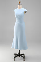 Laden Sie das Bild in den Galerie-Viewer, Weißes Meerjungfrauen-Rundhals-Midi-Prom-Kleid mit Mützenärmeln
