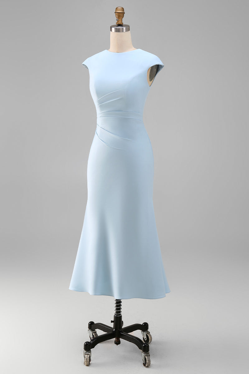 Laden Sie das Bild in den Galerie-Viewer, Weißes Meerjungfrauen-Rundhals-Midi-Prom-Kleid mit Mützenärmeln