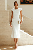 Laden Sie das Bild in den Galerie-Viewer, Weißes Meerjungfrauen-Rundhals-Midi-Prom-Kleid mit Mützenärmeln