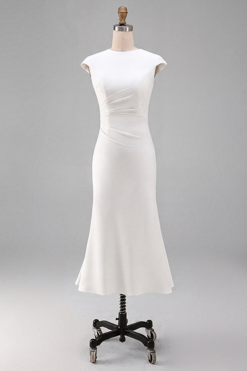 Laden Sie das Bild in den Galerie-Viewer, Weißes Meerjungfrauen-Rundhals-Midi-Prom-Kleid mit Mützenärmeln
