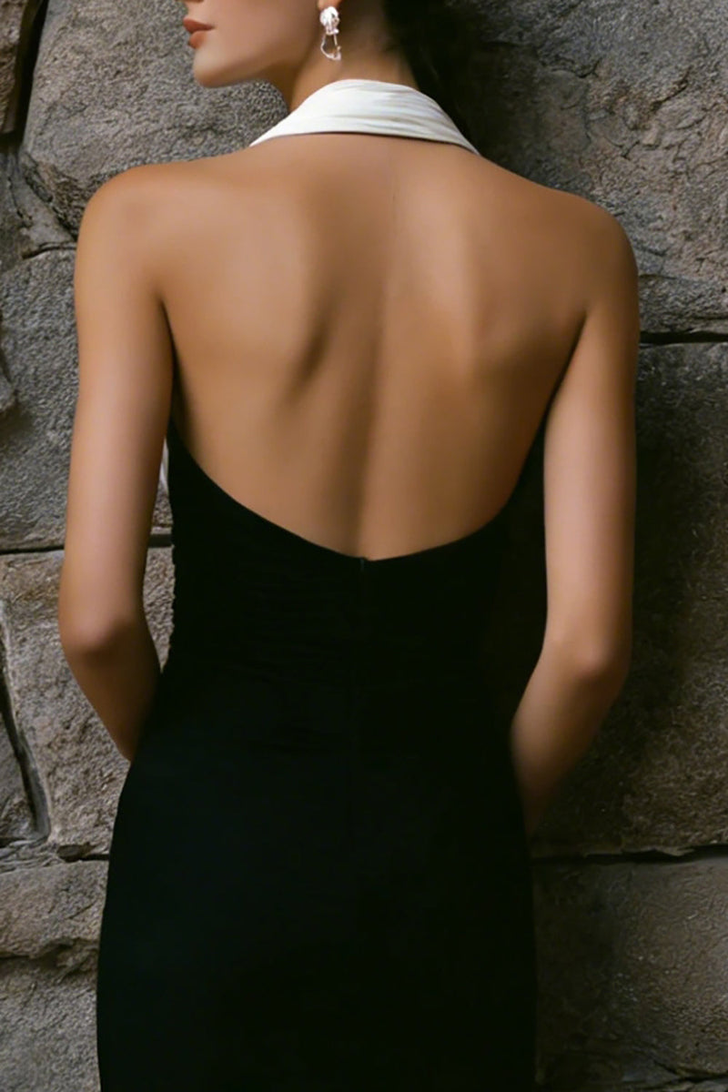 Laden Sie das Bild in den Galerie-Viewer, Schwarz Weißes Neckholder Standesamt Kleid mit Raffen