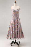 Laden Sie das Bild in den Galerie-Viewer, Mauve Blumen Herzausschnitt A-Linie Besticktes Abschlussballkleid