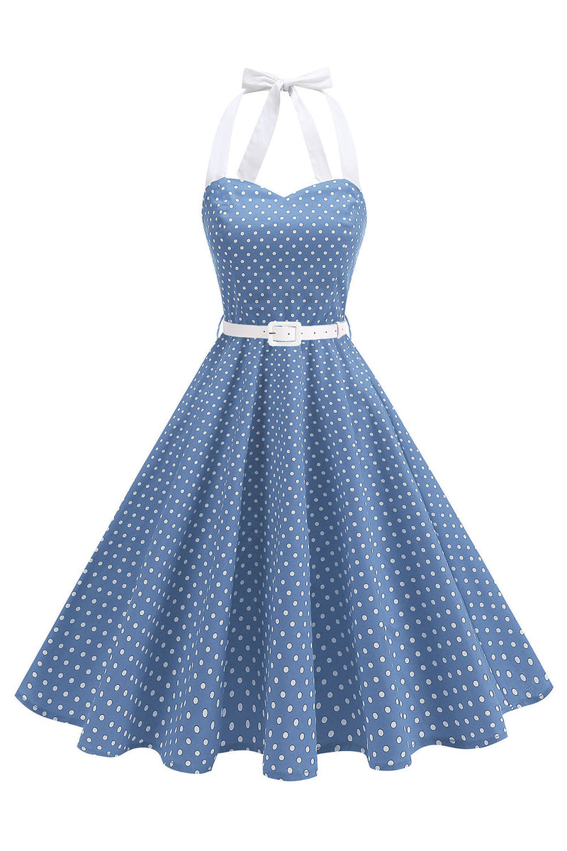 Laden Sie das Bild in den Galerie-Viewer, Halter Polkadots Königsblaues A-Linie Kleid der 1950er Jahre