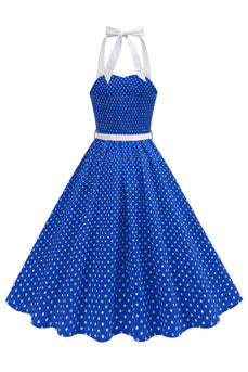 Halter Polkadots Königsblaues A-Linie Kleid der 1950er Jahre