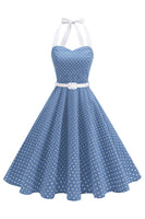 Laden Sie das Bild in den Galerie-Viewer, Halter Polka Dots Hellblaues A-Linie Kleid der 1950er Jahre