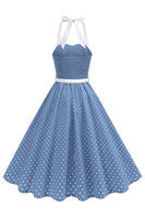 Laden Sie das Bild in den Galerie-Viewer, Halter Polka Dots Hellblaues A-Linie Kleid der 1950er Jahre