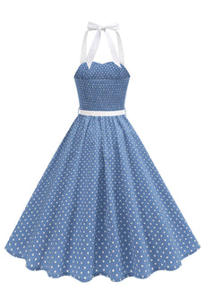Halter Polka Dots Hellblaues A-Linie Kleid der 1950er Jahre