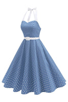 Laden Sie das Bild in den Galerie-Viewer, Halter Polka Dots Hellblaues A-Linie Kleid der 1950er Jahre