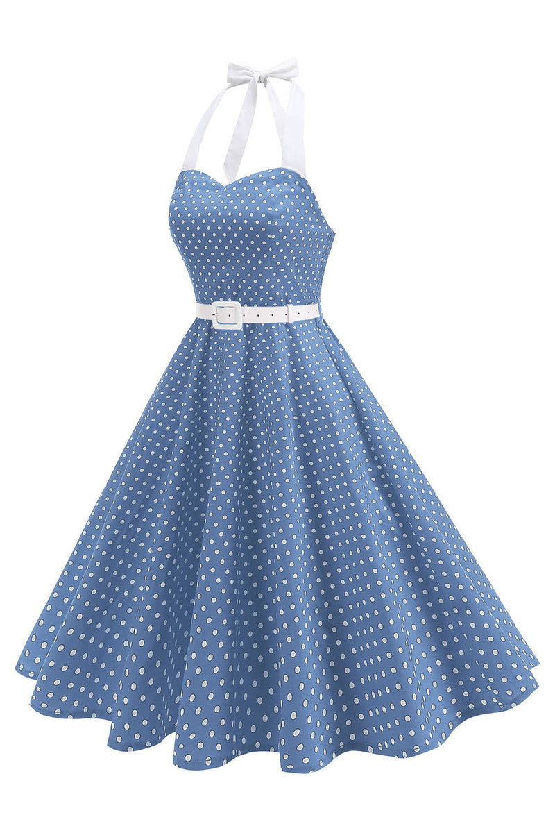 Laden Sie das Bild in den Galerie-Viewer, Halter Polka Dots Hellblaues A-Linie Kleid der 1950er Jahre