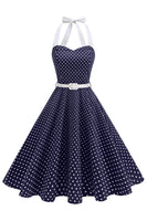 Laden Sie das Bild in den Galerie-Viewer, Halter Polka Dots Hellblaues A-Linie Kleid der 1950er Jahre