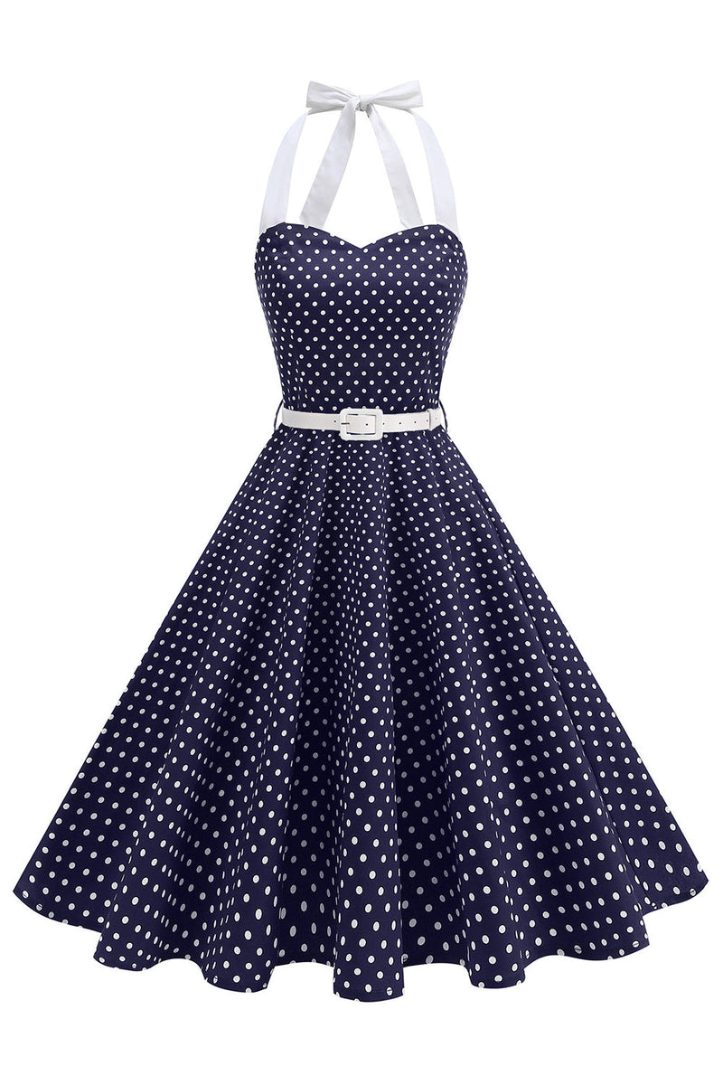 Laden Sie das Bild in den Galerie-Viewer, Halter Polka Dots Hellblaues A-Linie Kleid der 1950er Jahre