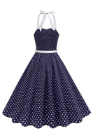 Laden Sie das Bild in den Galerie-Viewer, Halter Polka Dots Hellblaues A-Linie Kleid der 1950er Jahre