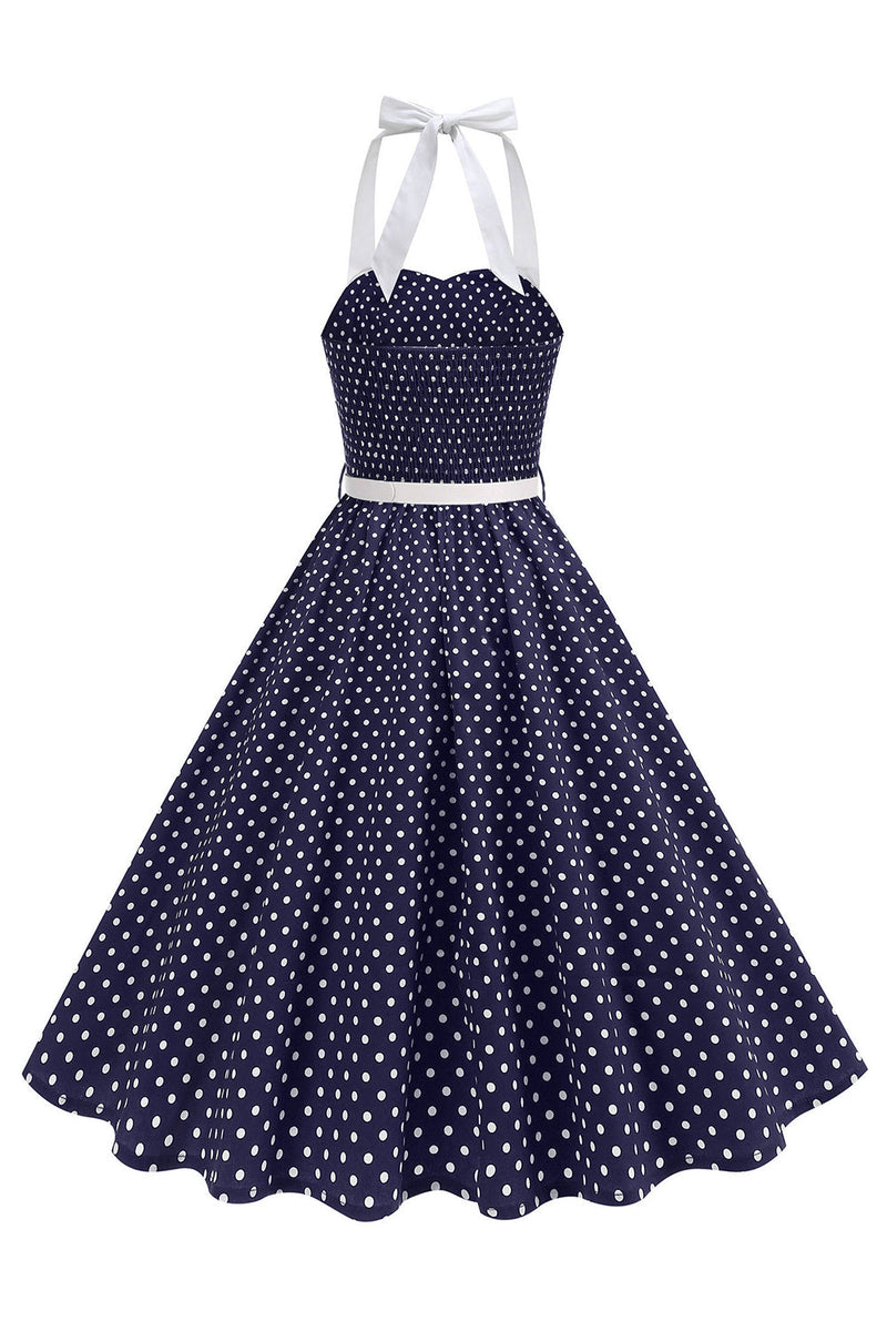 Laden Sie das Bild in den Galerie-Viewer, Halter Polka Dots Hellblaues A-Linie Kleid der 1950er Jahre