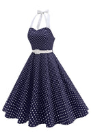 Laden Sie das Bild in den Galerie-Viewer, Halter Polka Dots Hellblaues A-Linie Kleid der 1950er Jahre