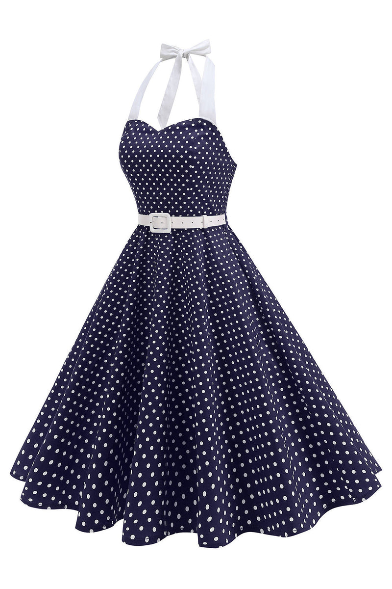 Laden Sie das Bild in den Galerie-Viewer, Halter Polka Dots Hellblaues A-Linie Kleid der 1950er Jahre