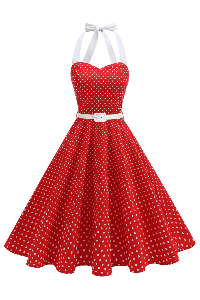 Laden Sie das Bild in den Galerie-Viewer, Halter Polka Dots Hellblaues A-Linie Kleid der 1950er Jahre