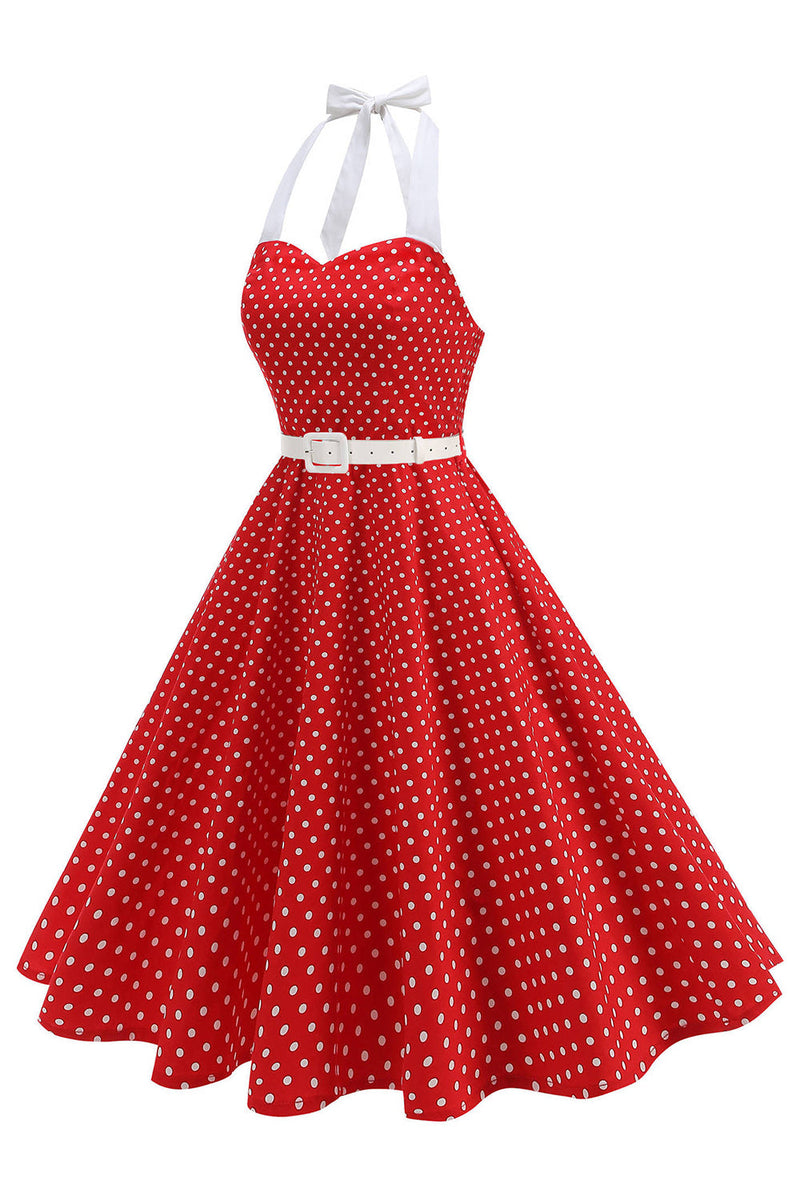 Laden Sie das Bild in den Galerie-Viewer, Halter Polka Dots Hellblaues A-Linie Kleid der 1950er Jahre