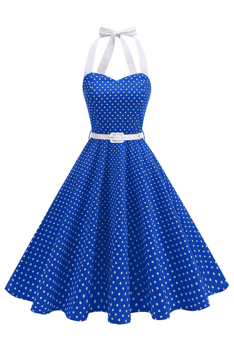 Laden Sie das Bild in den Galerie-Viewer, Halter Polka Dots Hellblaues A-Linie Kleid der 1950er Jahre