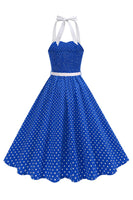 Laden Sie das Bild in den Galerie-Viewer, Halter Polka Dots Hellblaues A-Linie Kleid der 1950er Jahre