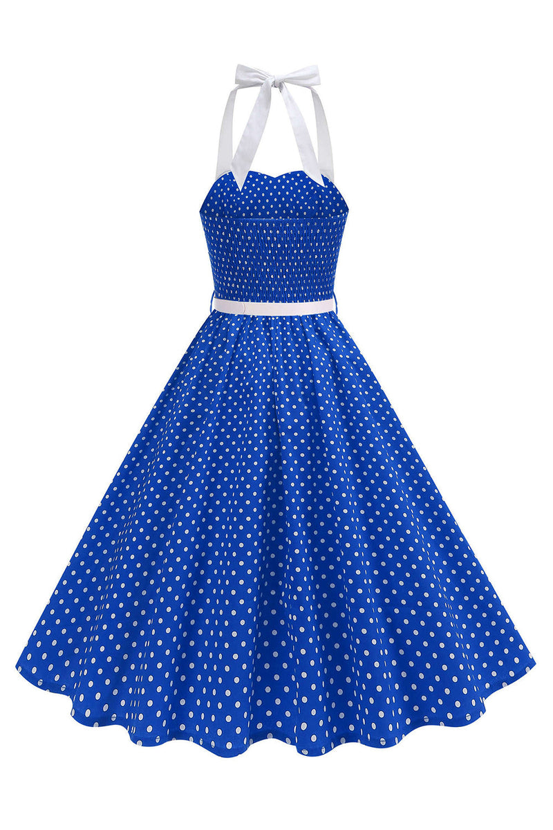 Laden Sie das Bild in den Galerie-Viewer, Halter Polka Dots Hellblaues A-Linie Kleid der 1950er Jahre