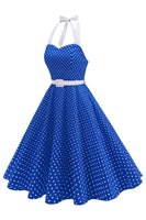 Laden Sie das Bild in den Galerie-Viewer, Halter Polka Dots Hellblaues A-Linie Kleid der 1950er Jahre