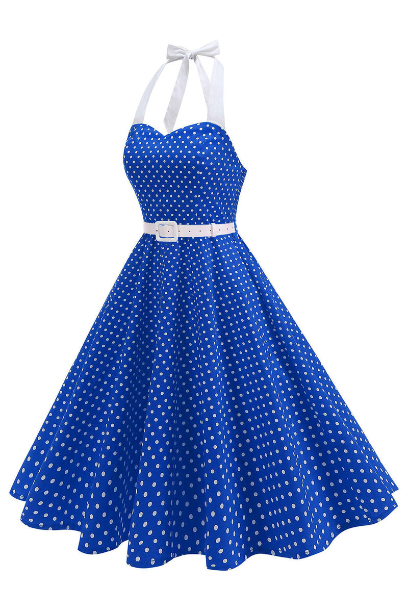 Laden Sie das Bild in den Galerie-Viewer, Halter Polka Dots Hellblaues A-Linie Kleid der 1950er Jahre