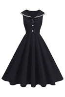 Laden Sie das Bild in den Galerie-Viewer, Schwarzes V-Ausschnitt A-Linie 1950er Kleid mit Schleife