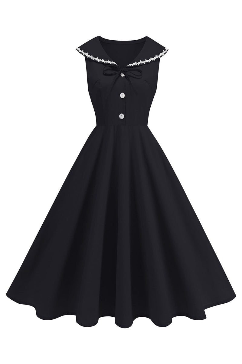 Laden Sie das Bild in den Galerie-Viewer, Schwarzes V-Ausschnitt A-Linie 1950er Kleid mit Schleife