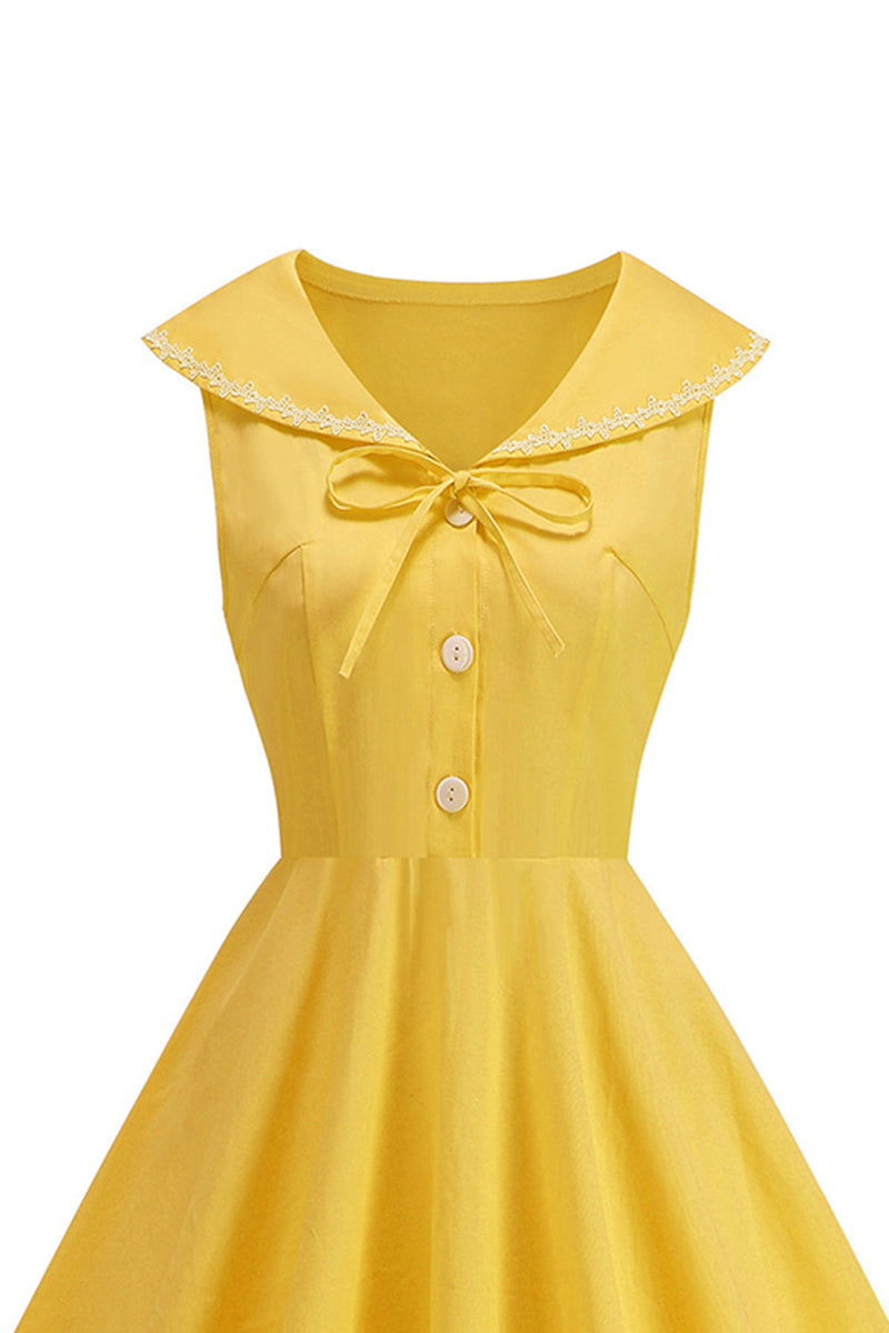 Laden Sie das Bild in den Galerie-Viewer, Schwarzes V-Ausschnitt A-Linie 1950er Kleid mit Schleife