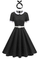 Laden Sie das Bild in den Galerie-Viewer, Rundhals mit Punkten Schwarz A-Linie Kleid der 1950er Jahre