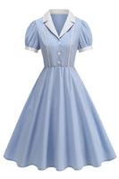 Laden Sie das Bild in den Galerie-Viewer, Eingeschnittenes Revers Blaues Einreihiges Kleid aus den 1950er Jahren