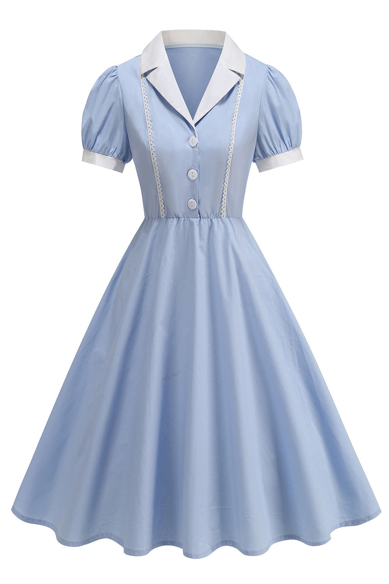 Laden Sie das Bild in den Galerie-Viewer, Eingeschnittenes Revers Blaues Einreihiges Kleid aus den 1950er Jahren